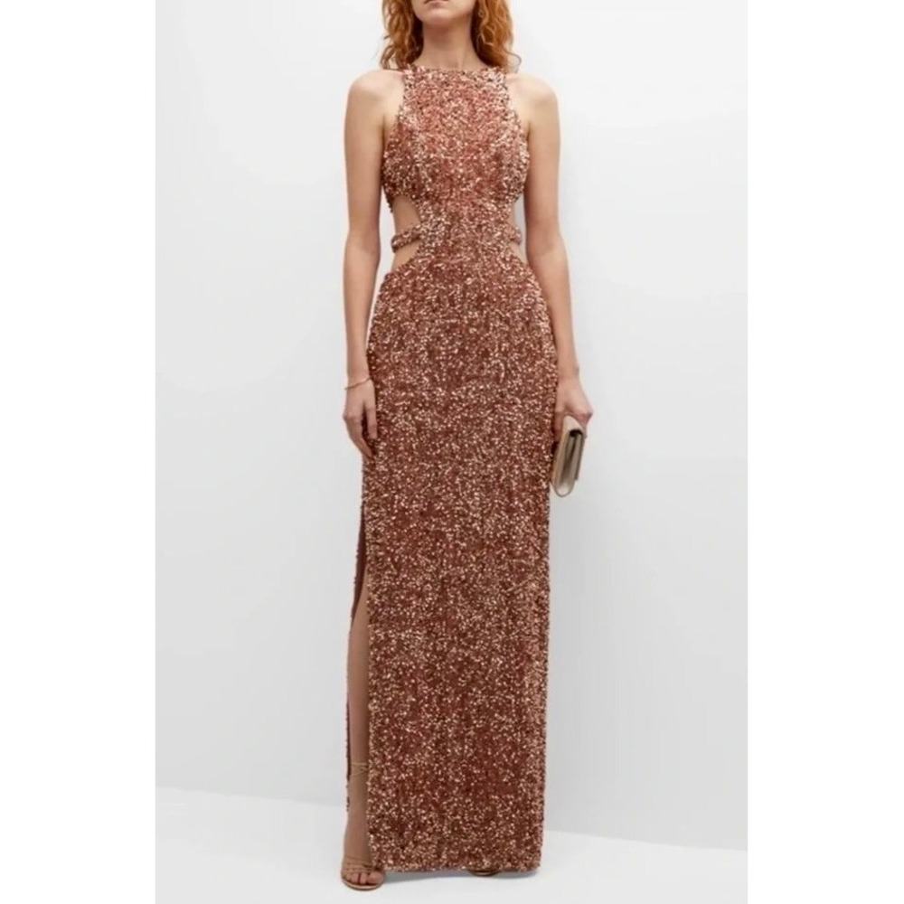 LIV FOSTER Sequin Column Sheath Cutout Gown Dress Metallic Bronze Maxi Size 8